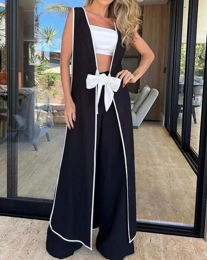 Women's Three Piece Suit Set 2024 Spring/summer Latest Tied Detail Contrast Binding Longline Sleeveless Coat&wide Leg Pants Set