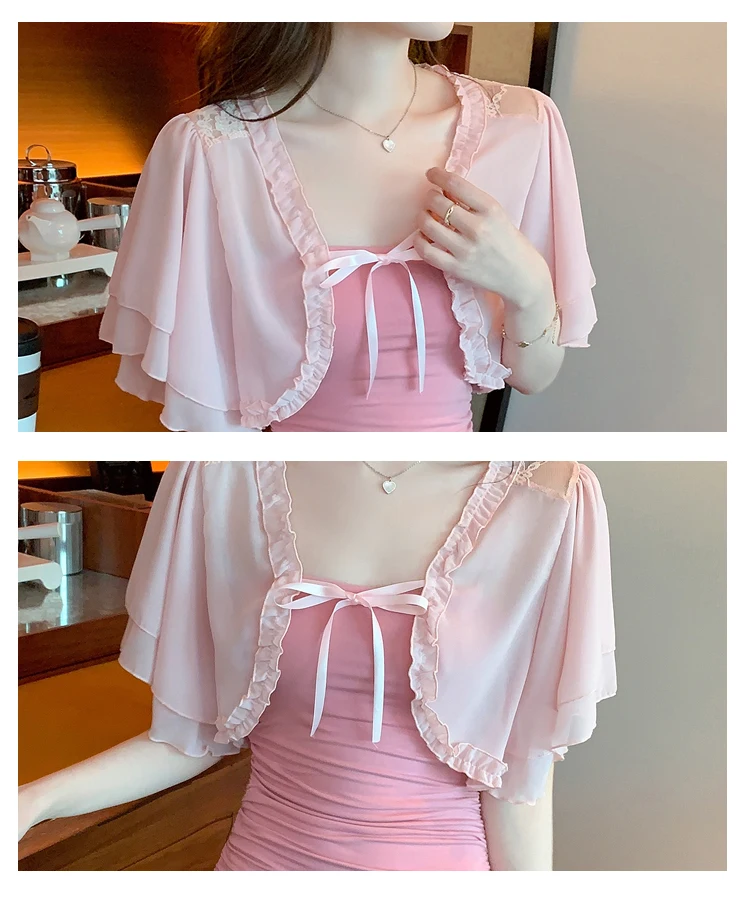 Ruffle Lace Chiffon Cropped Cardigan Women Summer Bell-Sleeve Bolero Shrug Top Korean Style Elegant Ladies White Pink Shirts