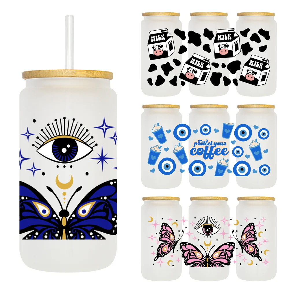 Evil Eyes Coffee And Milk 16OZ UV DTF Cup Wrap Transfer Stickers Custom Labels DIY Durable Waterproof Logo For Libbey Glass Can