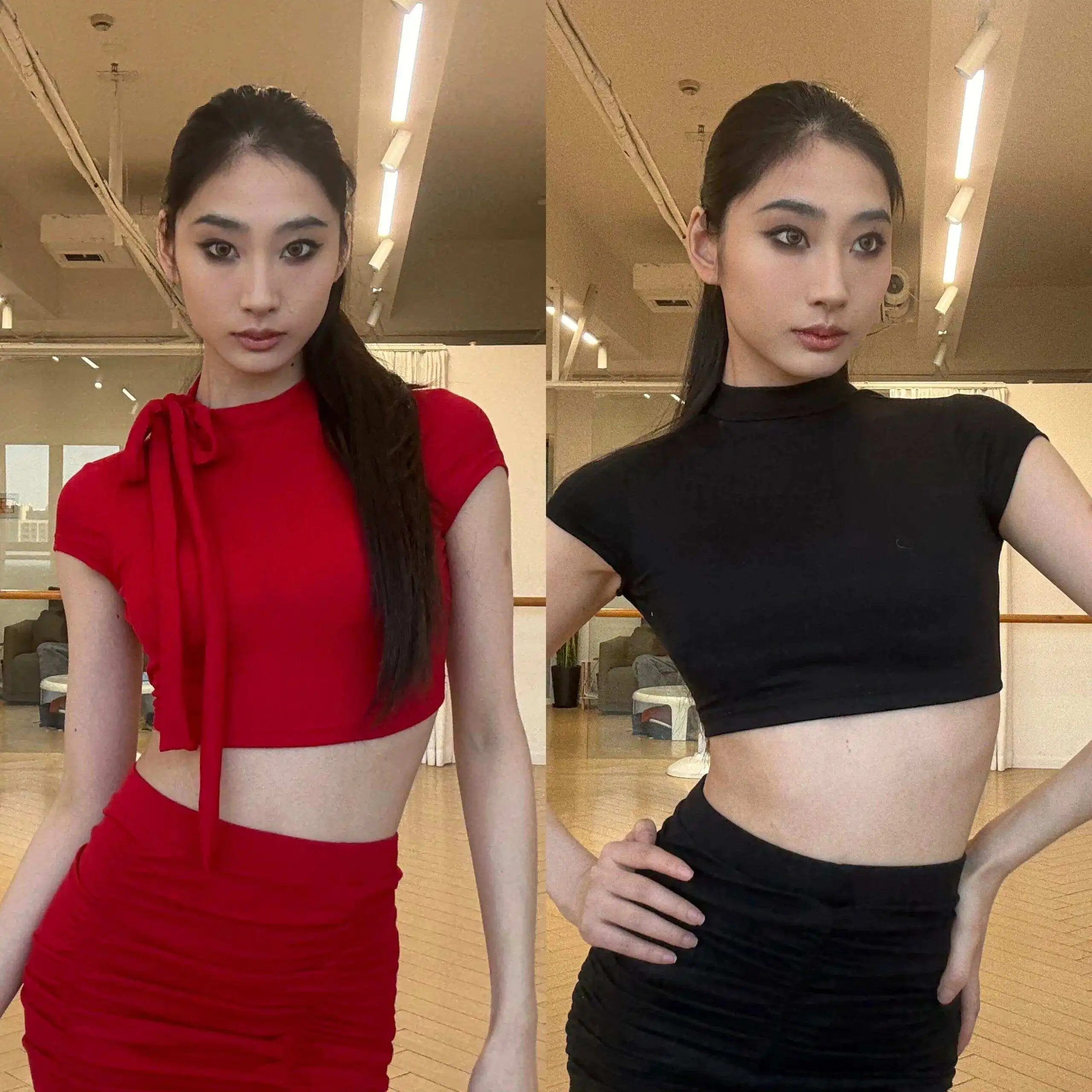 

Summer Latin Dance Practice Clothes Red Black Backless Short Tops Slim Fit Skirt Sexy Rumba Tango Salsa Dance Costume SS2234