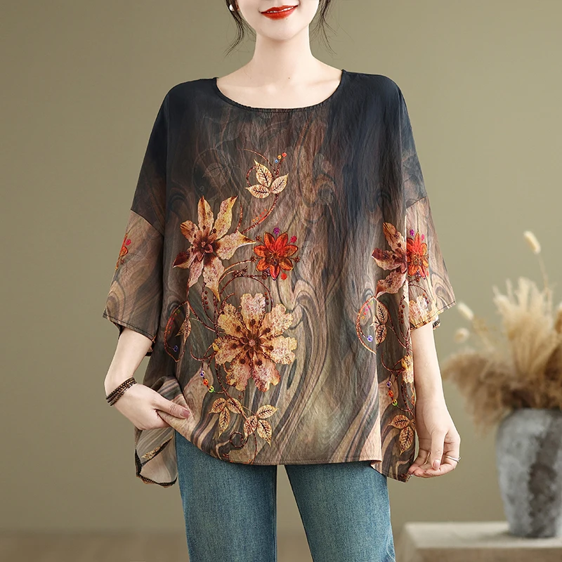 تي شيرت نسائي صيفي جديد فضفاض من القطن والكتان مستدير Ne Batwing Sve عرقي Sle مقاس كبير ألياف بوليستر مستديرة #4