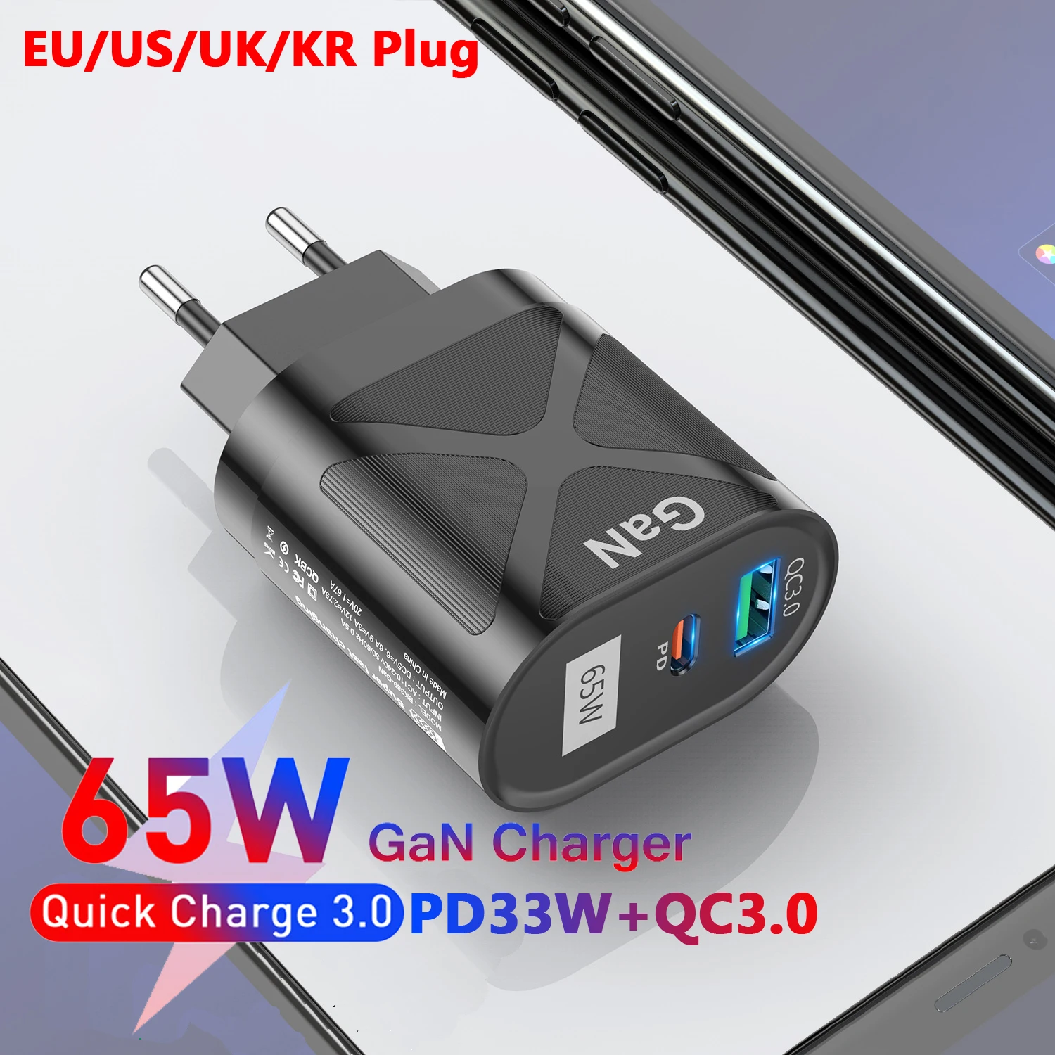 65w GaN Charger for iPhone 14 13 Pro Max PD 33W QC3.0 USB Type C Fast Charger for Samsung S22 Xiaomi Mi 12 Oneplus POCO KR Plug