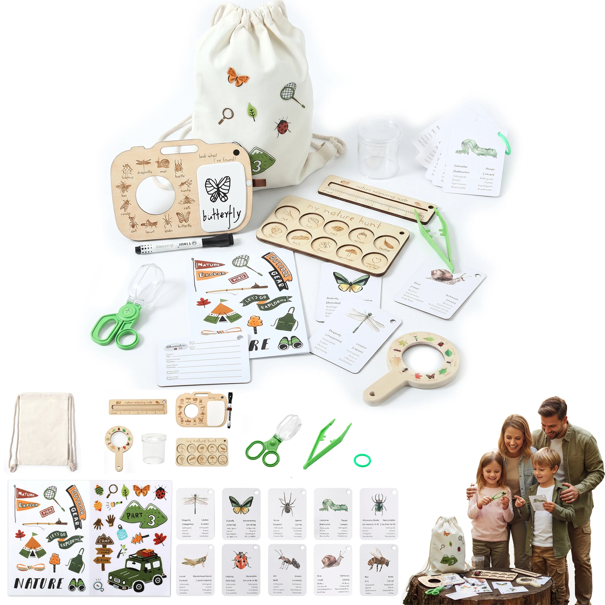 kit-de-exploracao-ao-ar-livre-para-criancas-tabuleiro-de-caca-ao-tesouro-da-natureza-em-madeira-lupa-capturador-de-insetos-quadro-de-desenho-cartao-de-identificacao