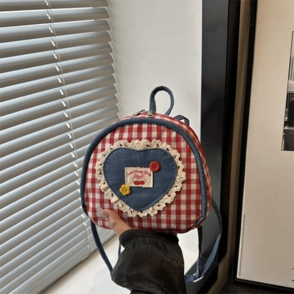 Zaino in tessuto vintage con reticolo Mini borsa a tracolla in denim stile rurale Zaino a cuore scozzese per studenti
