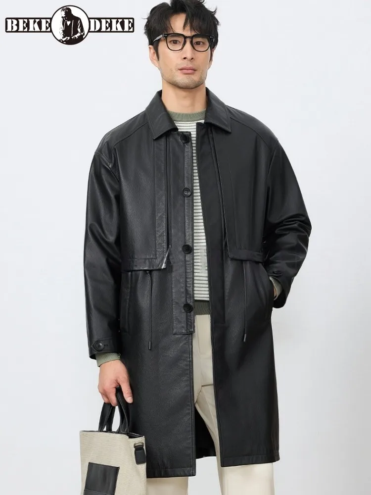 Autumn Mens Genuine Leather Long Coat Business Casual Zipper Loose Fit Streetwear Cowskin Trench High Quality Overcoat Size 5XL