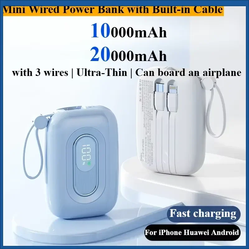 10000/20000mAh Mini Portable Ultra Capacity Power Bank with Built-in Cable Fast Charge Compact Battery For Huawei Apple