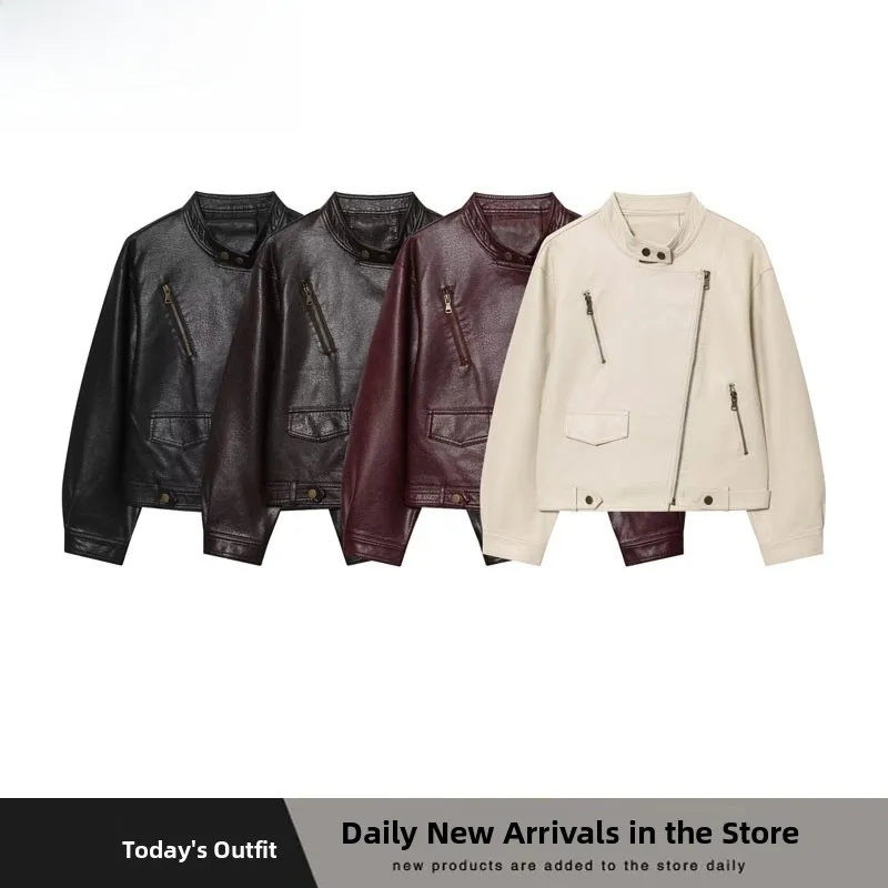 جاكيت نسائي أنيق من الجلد الصناعي بتصميم بسيط، معطف قصير جديد للخريف والشتاء بسحاب، متعدد الاستخدامات بأكمام طويلة وياقة عالية #1