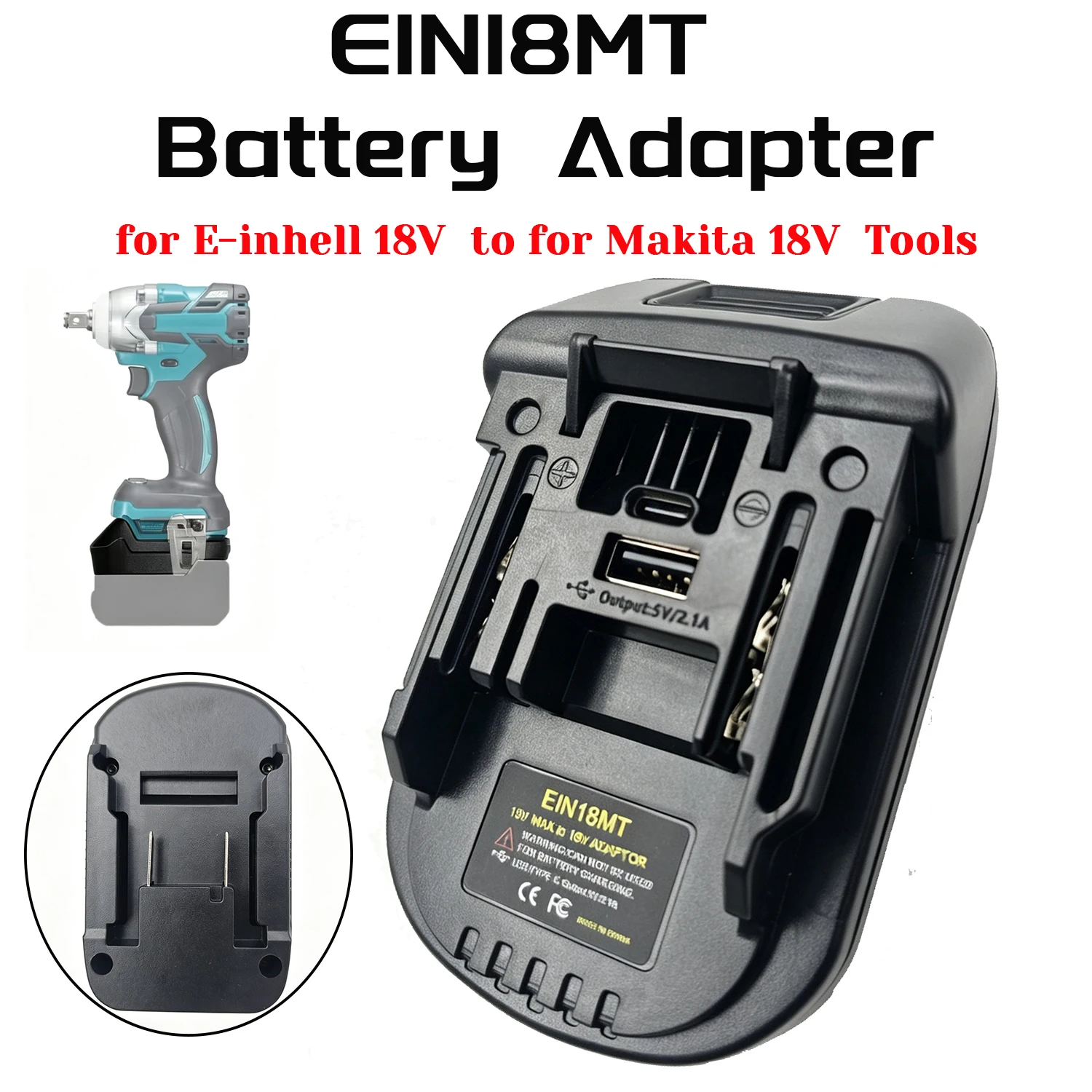EIN18MT Battery Adapter Converter for Einhell 18V Li-ion Battery to for Makita 18V Tools, with USB 5V/2.1A Port, Adapter Only