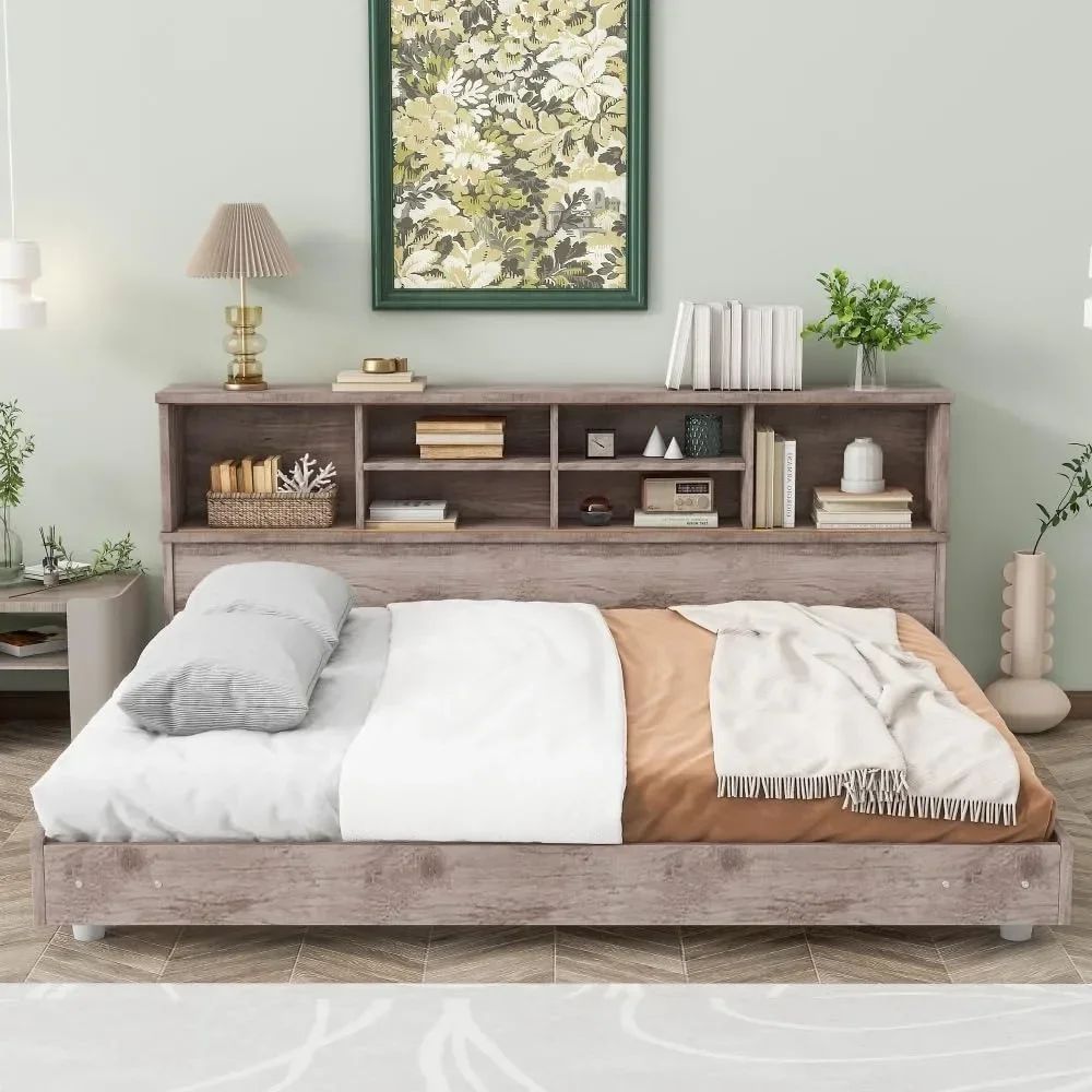 Full Size Daybed Frame with Storage Bookcases，Bed with Double-layer Storage Shelf，wide Boards and Slats for Bed, Daybed Frame