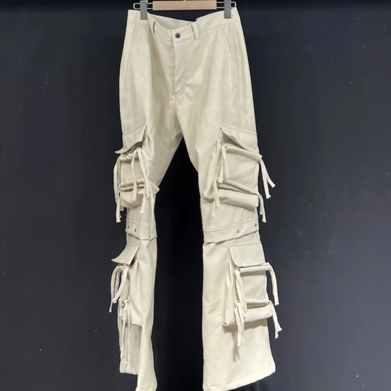 HKSH Spring Autumn New Men's Tide PU Leather Straight Ribbon Patchwork Pockets Safari Style High Street Trend Punk Pants HK14250