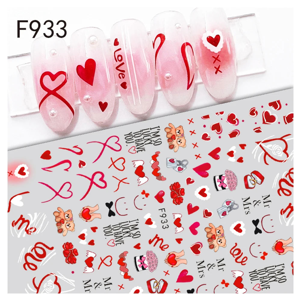 

10PCS Valentine's Day Pink Love Heart Nail Art Sticker Flower Nail Slider Black and White DIY Self-adhesive Nail Art Decorati