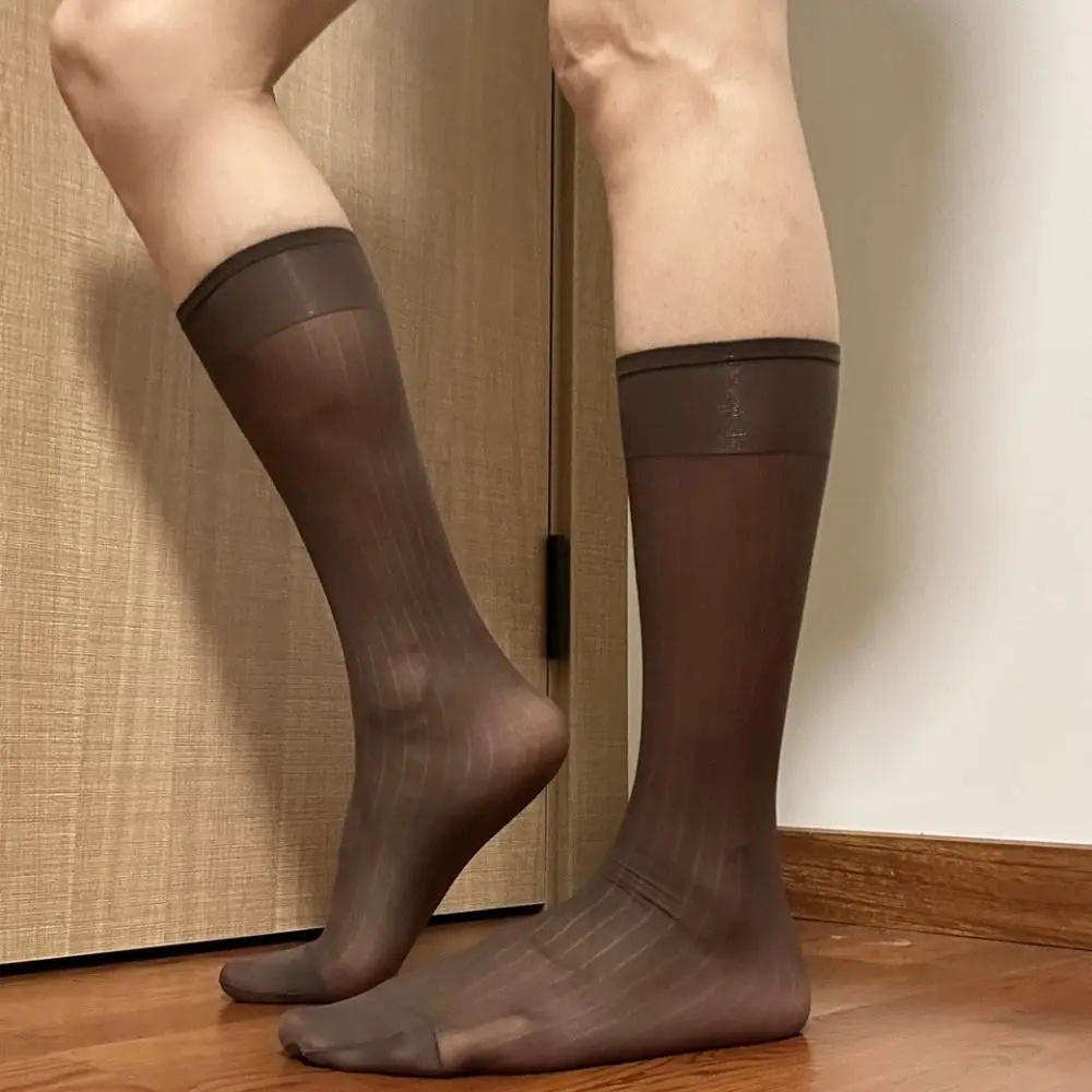 

Translucent Men Thin Dress Tube Socks Middle Tube Thin Wide Striped Silk Socks Sheer Mid-calf Solid Color Business Stockings