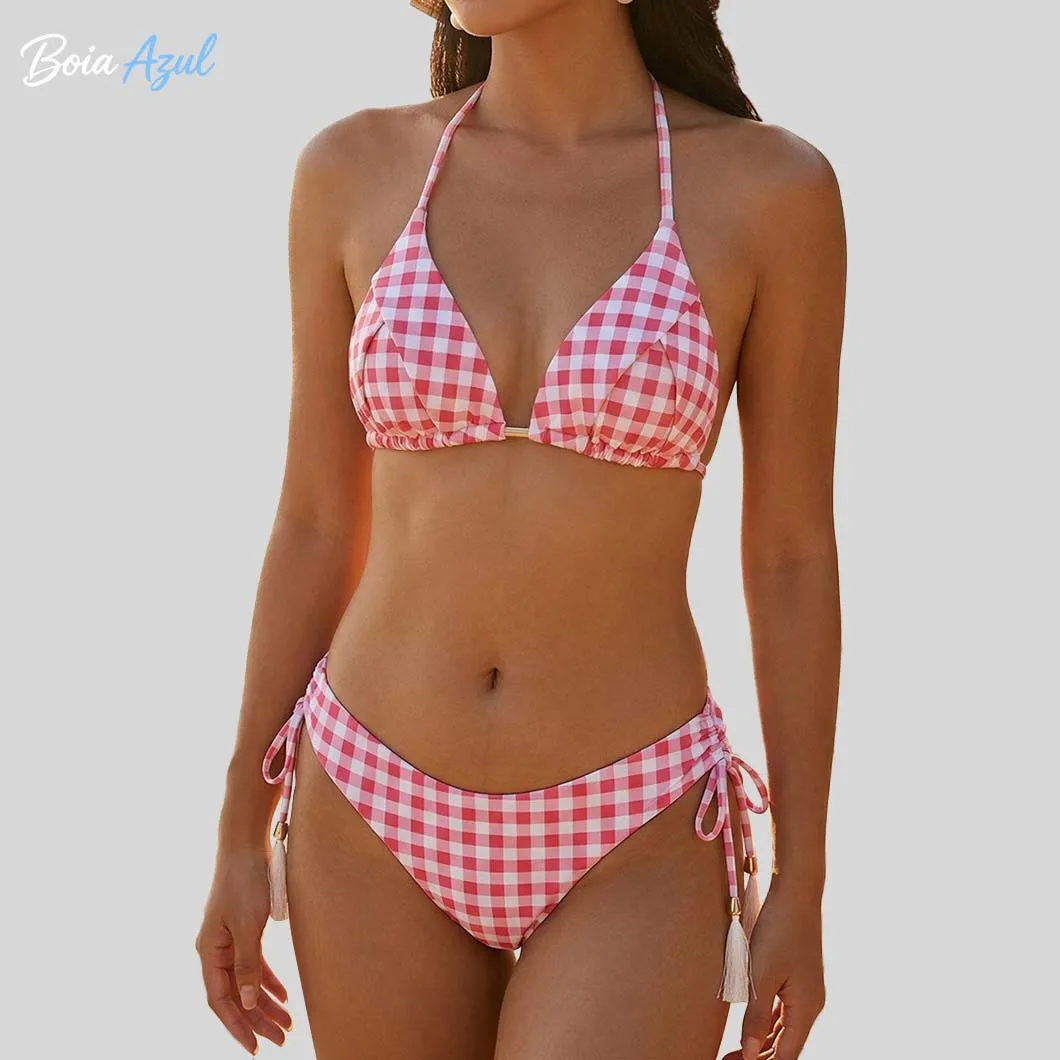 

Checkered triangle top bikini swimsuit fringed halter-neck side-attached strap two-piece swimsuit fashionable beachwear swimsuit