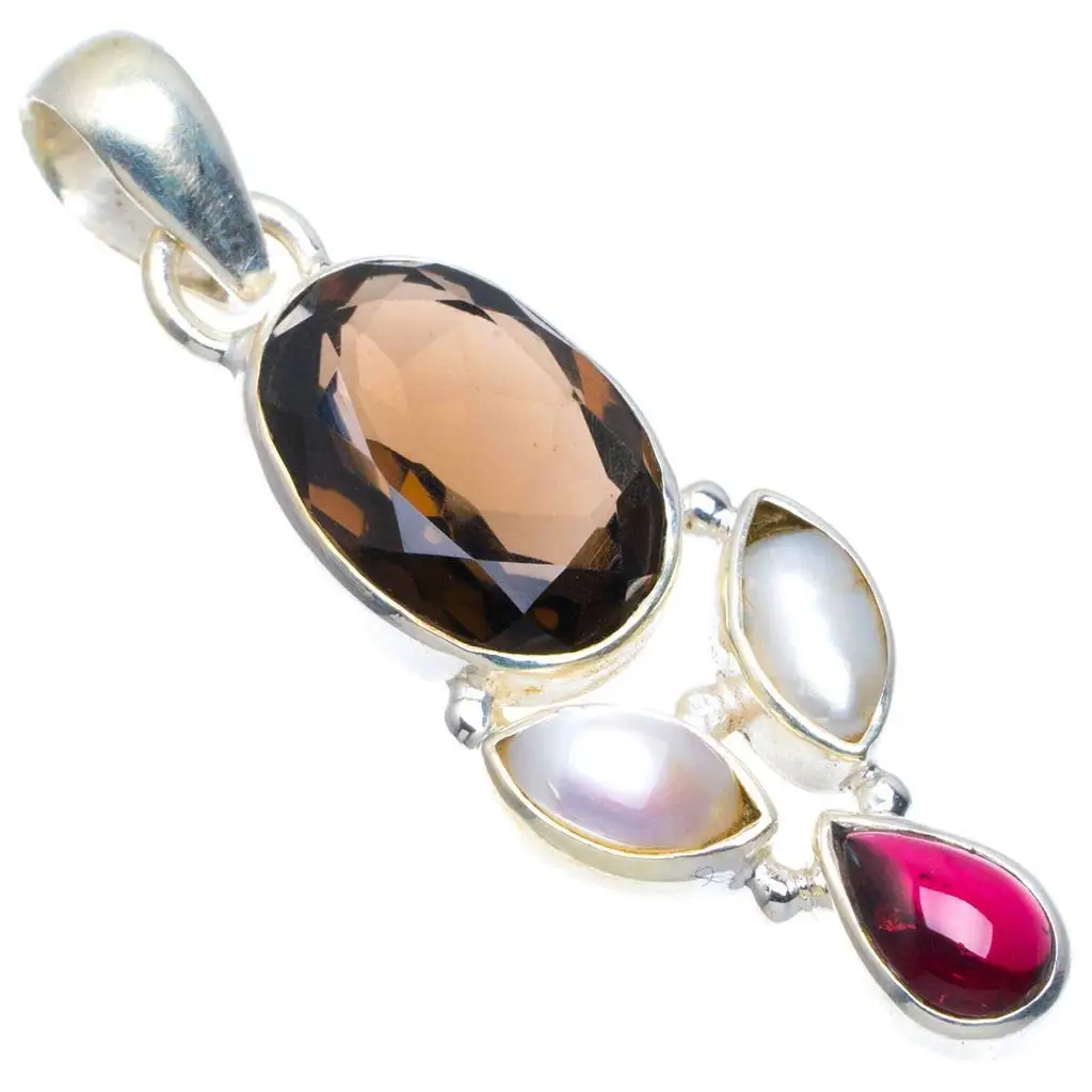 

StarGems® Natural Smoky Quartz,River Pearl and Amethyst Handmade Unique 925 Sterling Silver Pendant 1.75" A4570