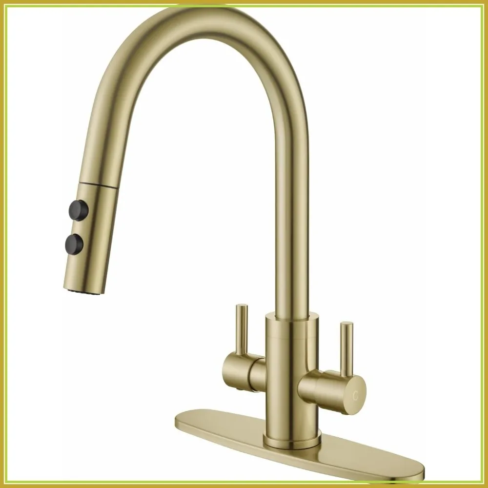 

2 Handles Pull Down Kitchen Sink Faucet with Sprayer, Brushed Gold PB1056