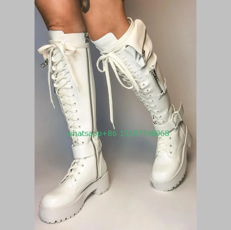 Lady punk white pocket design knee boots lace-up zip boots Gothic style vintage boots daily low heel footwear causal boots size