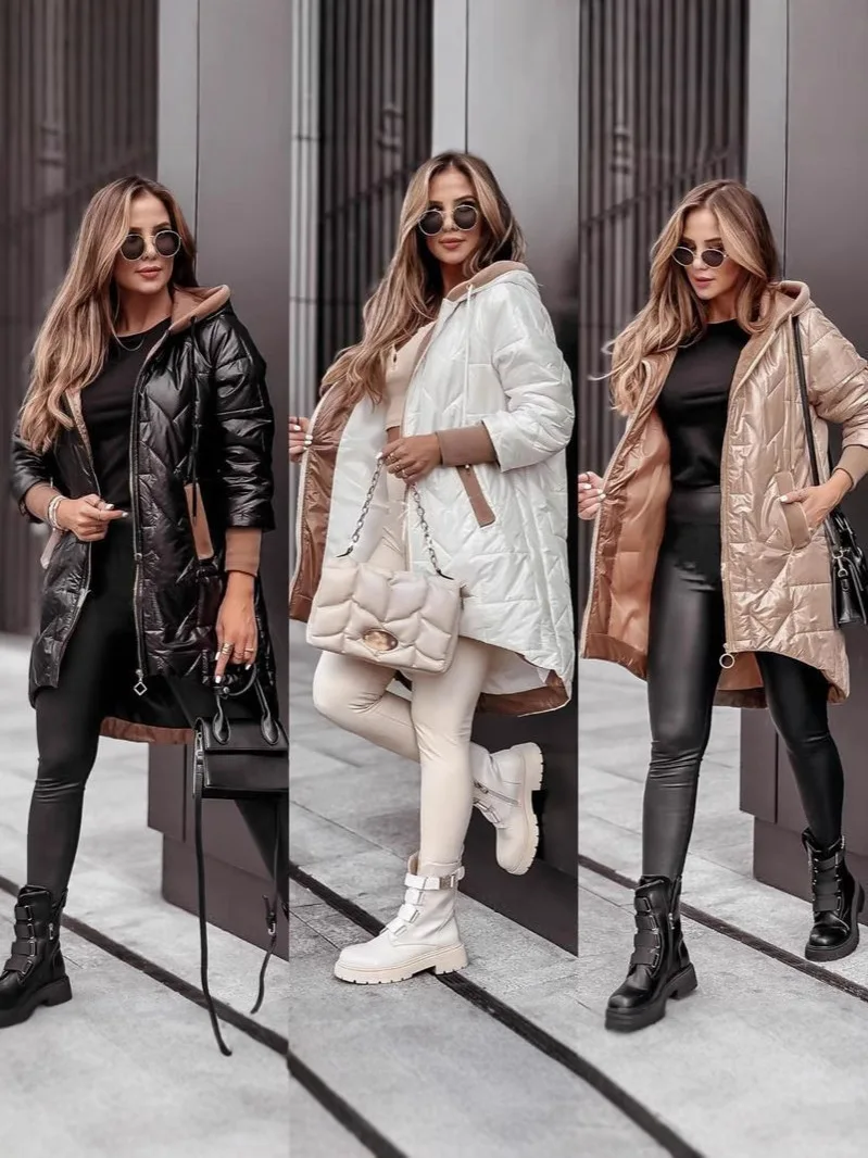 Winter Hooded Loose Solid Color Zipper Cotton Jacket Women Quilted Puffer Coat Fleece Lined Long Warm Irregular Hem Outerwear