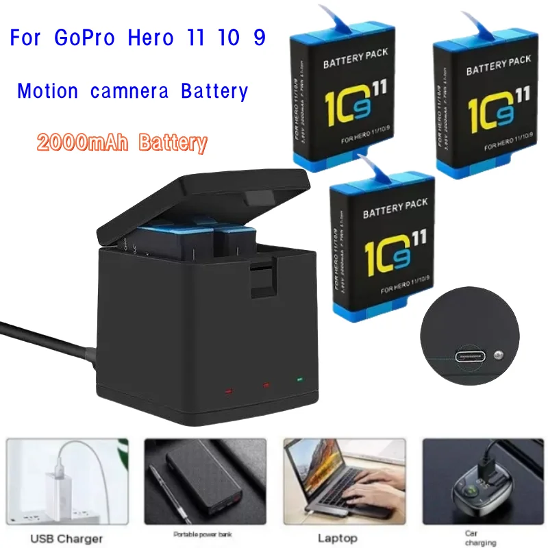 2800mAh Battery For GoPro Hero 11 10 9 Li-ion Battery Pack Storage for GoPro Hero9 Rechargeable Batteries