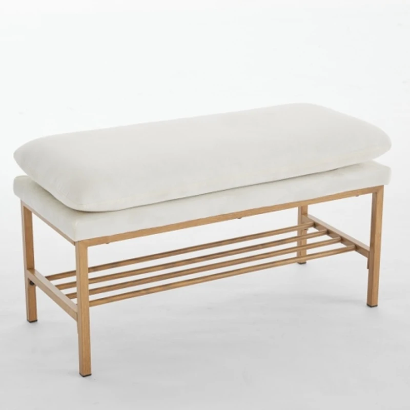 End of Bed Bench with Shelf, Linen Upholstered Storage Shoe Bench, Modern Bedroom Bench with Metal Legs(Beige)