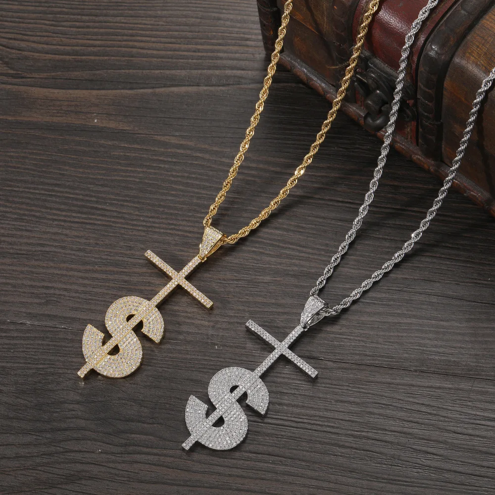 

Ожерелье в стиле хип-хоп с инкрустацией медным цирконом, знак доллара США, подвеска-крест, аксессуар унисекс