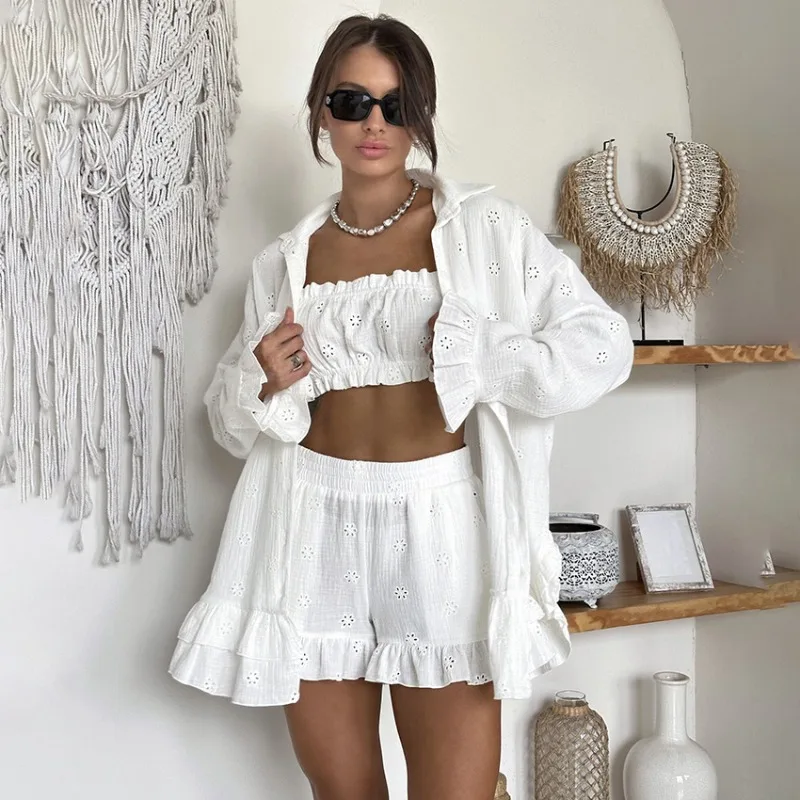 

White Cotton Jacquard Pajamas Set Tube Top Cardigan Long-sleeved Shorts Women's Loungewear