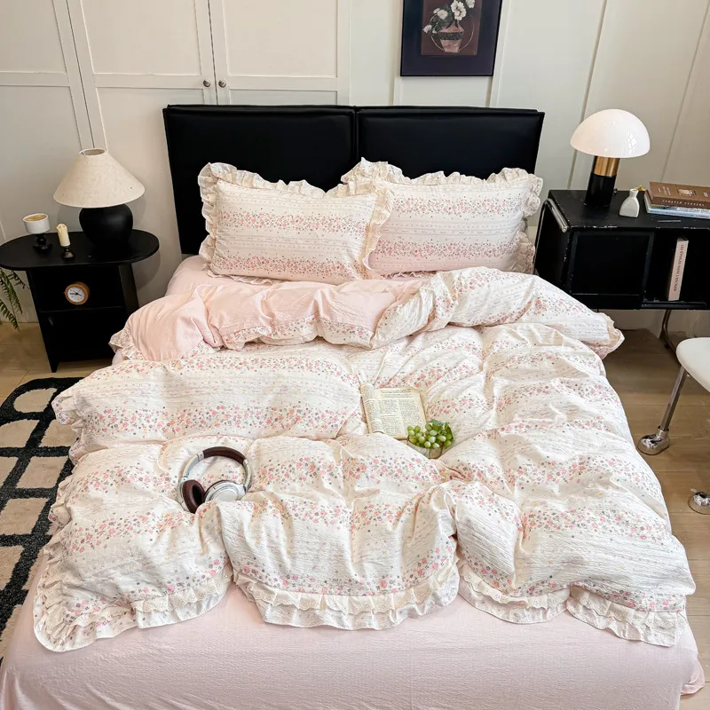 4Pcs Korean Princess Style Floral Printing Ruffles Bedding Set Single Queen King Size Duvet Cover Set Bed Sheet Pillowcases
