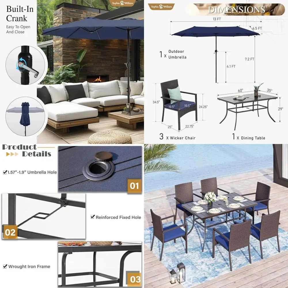 

Navy Outdoor Patio Dining Set with Umbrella, 6-7 Piece Metal Table and Cushioned Rattan Chairs