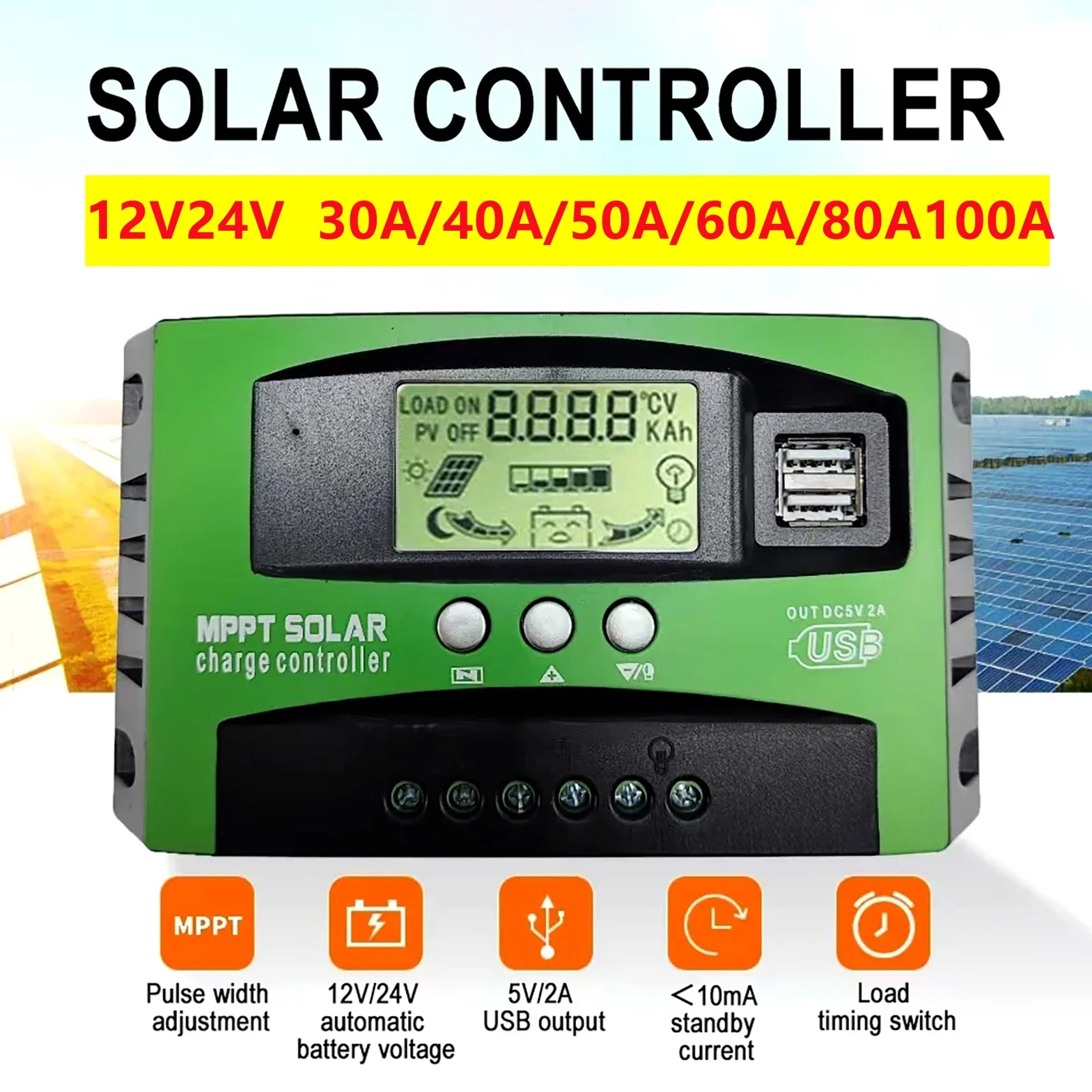 MPPT Solar Charge Controller 30/40/50/60/80/100A  Solar Controller Solar Panel Battery Regulator 12V/24V Dual USB LCD Display