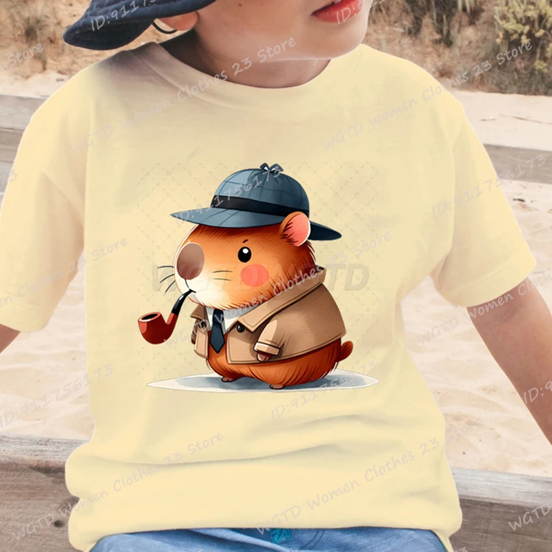 Camiseta con estampado de capibara de dibujos animados, camisetas de verano de manga corta con cuello redondo, camiseta para niños, camiseta de moda con cuello redondo, camisetas informales