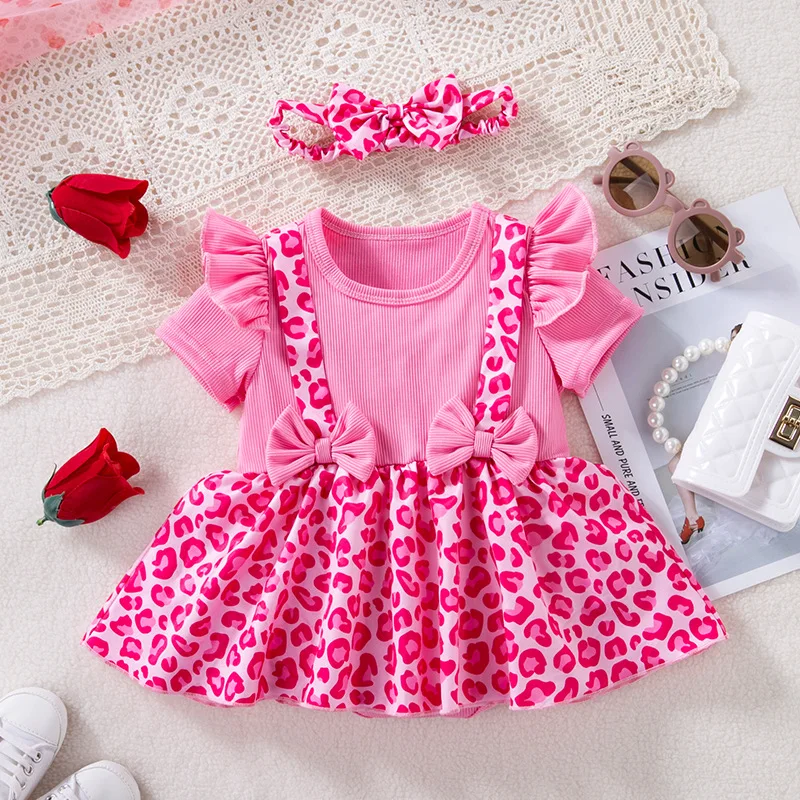 Summer Baby Girl Dress Bodysuit Pink Leopard Print Cute Toddler Outfit Ruffle Sleeve Birthday Party Infant Clothing Child A1381
