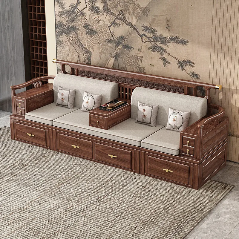 

Customizable black walnut new Chinese large apartment sofa dual-purpose living room folding