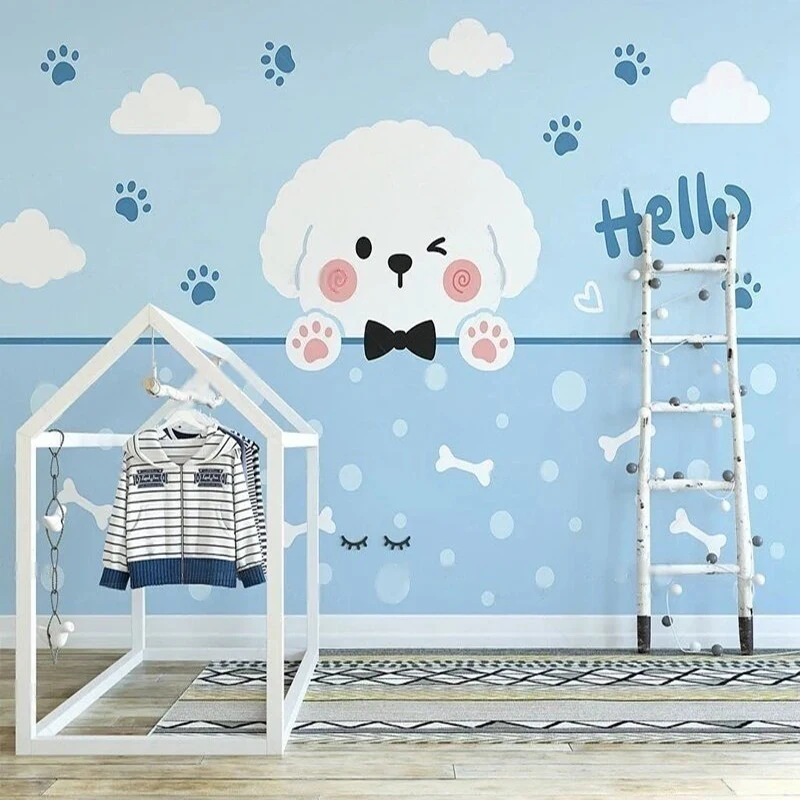 Nordic-Style Cute Puppy With Bone-Shaped Ears Hand-Drawn Cloud-Themed Cartoon Children's Room Background Wall