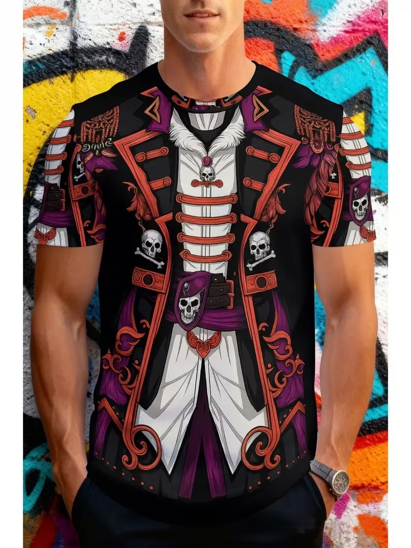 Men's 3D Printed Pirate Costume T-Shirt Funny Skull Graphic Short Sleeve Tee Novelty Cosplay Tshirt Casual Streetwear tees Tops