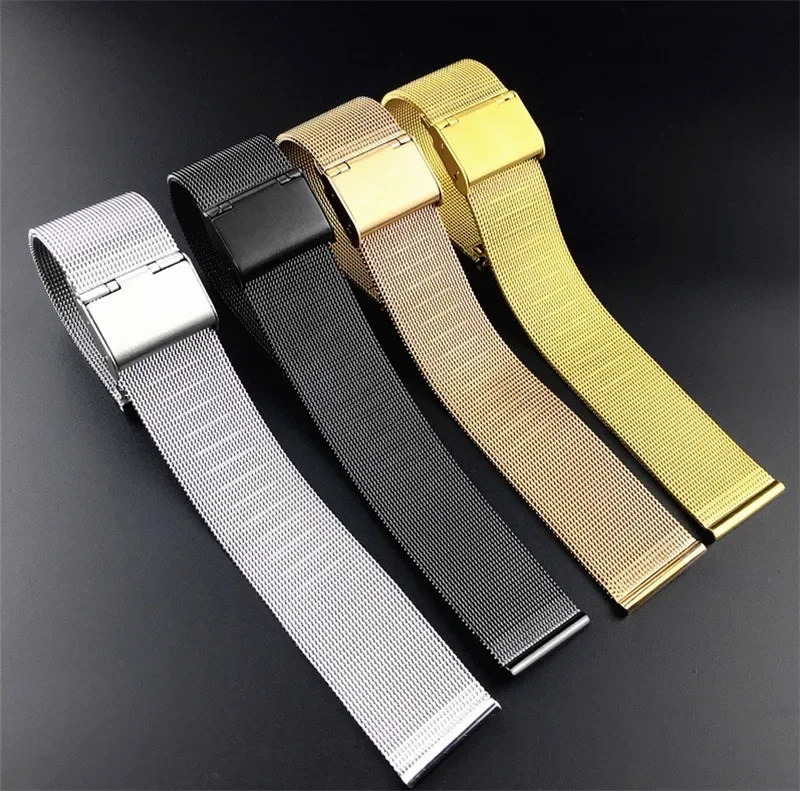 Universal Milanese Loop Strap 18mm 20mm 22mm Silver Metal Stainless Steel Quick Release Replacement Smart Watch Band Bracelet