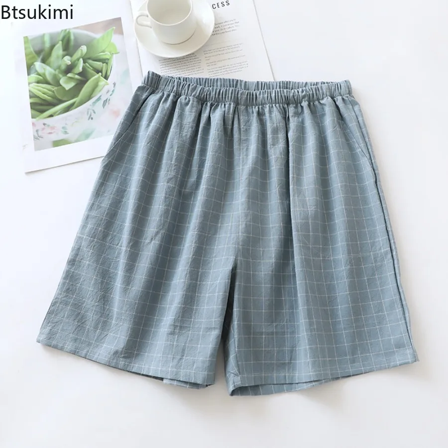 الرجال النمط الياباني منقوشة تصميم قصير بنطلون بيجاما الربيع والصيف رقيقة فضفاضة 100% القطن خمس نقاط Homewear السراويل الذكور