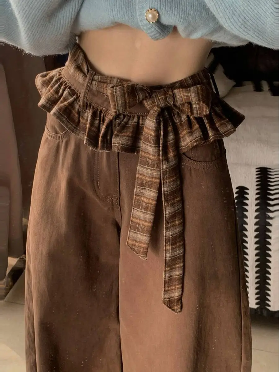 

Checkered Lace Straight Leg Jeans for Women 2025 Spring and Summer New Casual Loose Wide Leg Pants