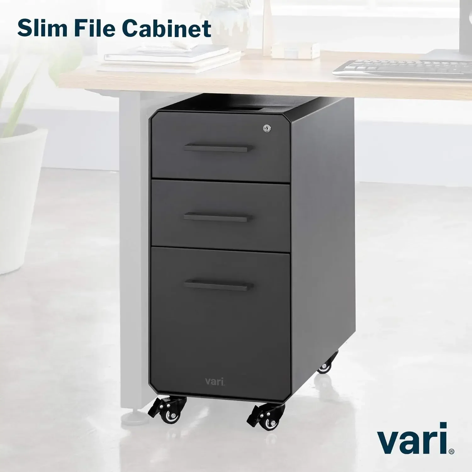 Vari Slim File Cabinet - Three Drawer Office Filing Cabinet - Compact, Mobile Pedestal with Heavy-Duty Steel - Home or Office