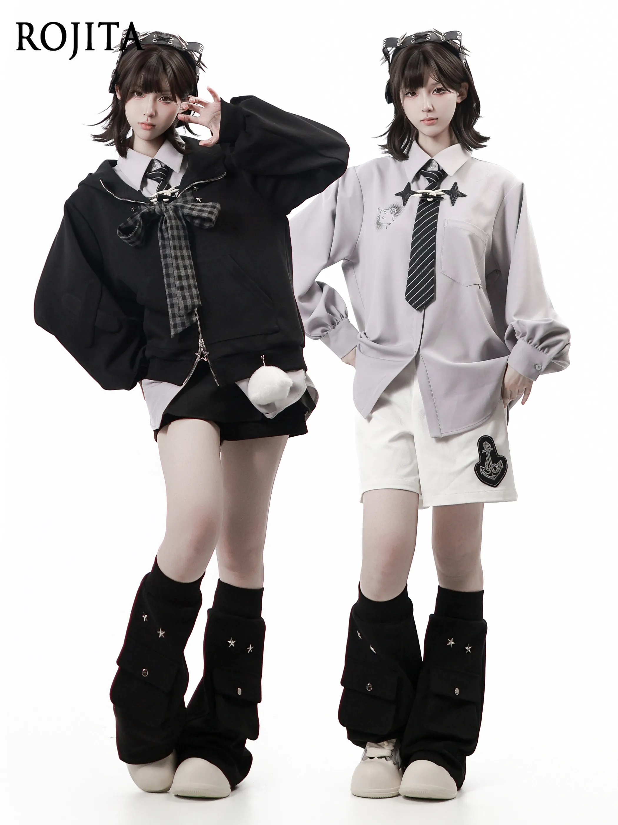 

College-style Bow-tie Hooded Jacket 2026 New Light Gray Shirt with Toggle Buttons Spring-summer Slim-fit Leg Warmers