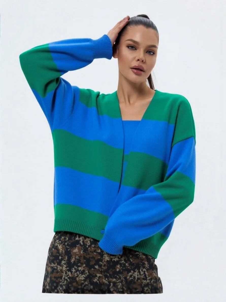 

Women Cardigan Sweaters Knitted Coats V Neck Long Sleeve Streetwear Striped Loose Knit Cardigan Coat Casual Knit Sweater
