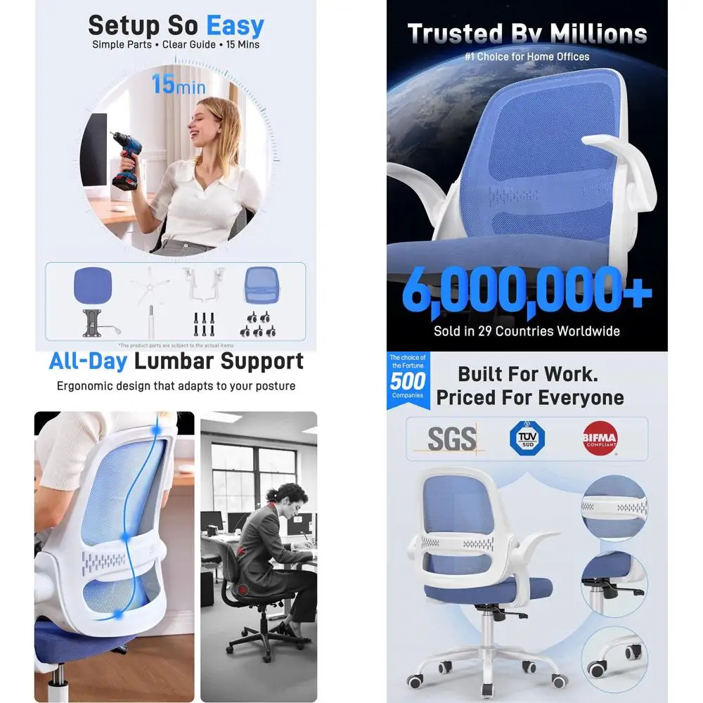 

Breathable Mesh Ergonomic Chair with Flip-Up Arms, Swivel, and Thick Cushion for Home Office Desk (White/Blue)
