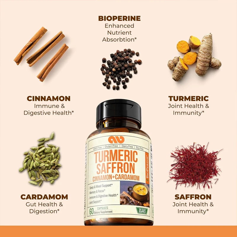 

Turmeric Saffron Supplement - Contains turmeric, curcumin, and black pepper for mood, memory, and eye health -60 capsules