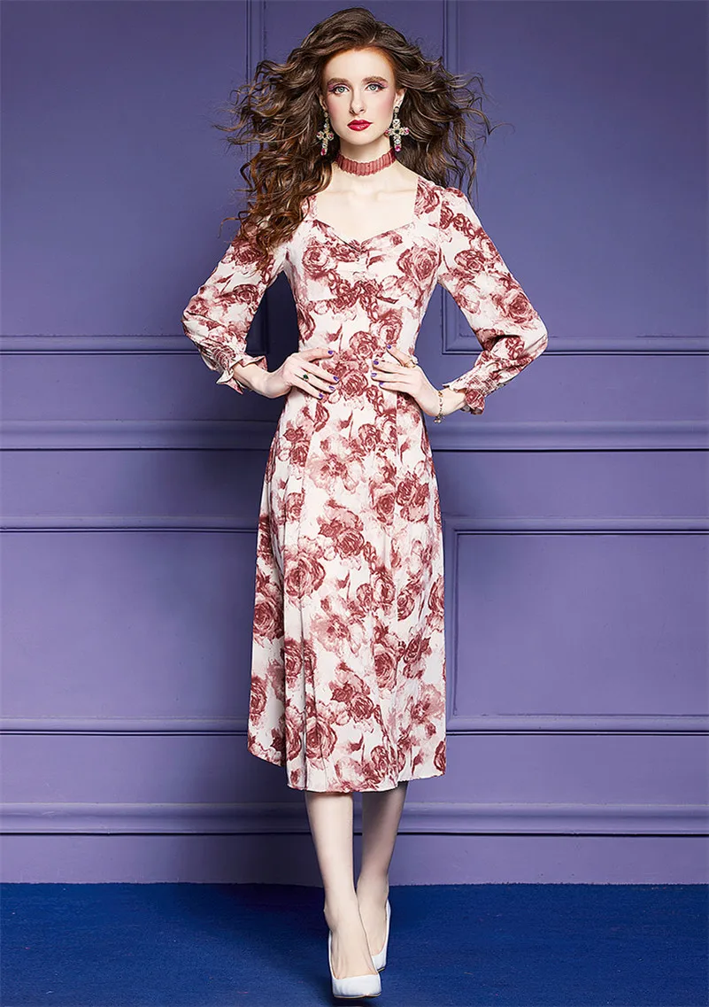 Lente Elegante Dames Lange Jurk 2024 Nieuwe Jurk Met Bloemenprint Vierkante Kraag Sexy Split Lange Jurk Elegante Slanke Jurk Vestidos