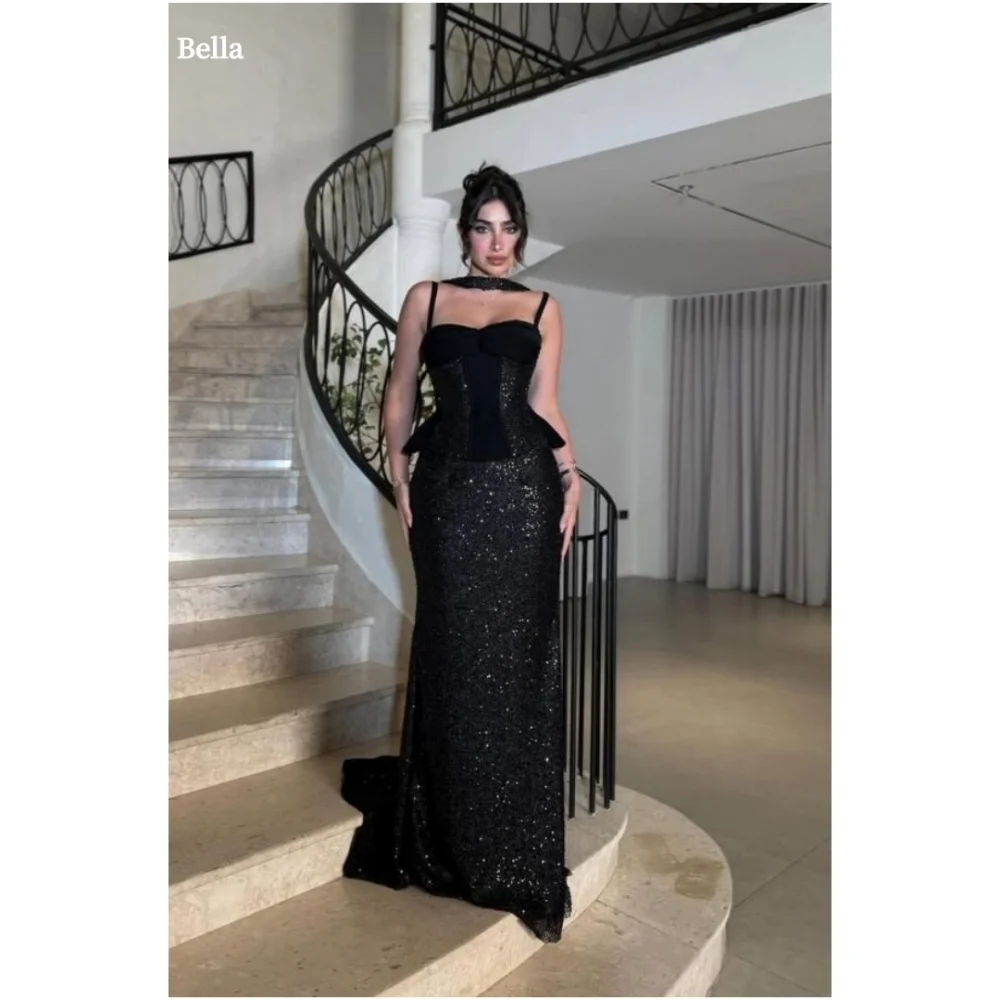 

Bella Customized Black Sequins Spaghetti Strap robes de soirée Mermaid Backless Trailing Party Dresses Floor-Length Prom Dress