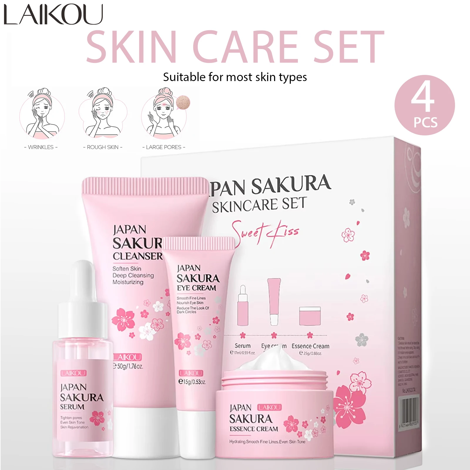 

Набор для ухода за кожей LAIKOU Sakura Nourishing Smooth Skin Care Set, 4 предмета: очищающее средство для контроля жирности, крем для глаз, крем для лица, сыворотка для выравнивания и упругости кожи.