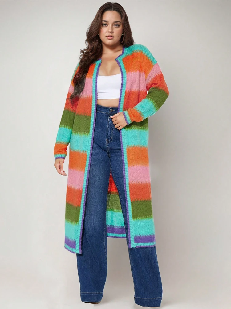 

New Large Size Contrast Color Casual Striped Long-Sleeve Knitted Cardigan Tops Colorful Elegant Versatile Plus Size Long Coats