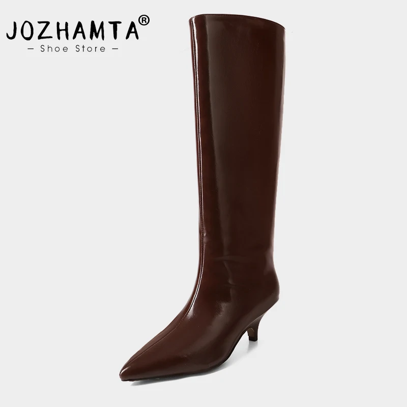 

JOZHAMTA size 34-40 Knee High Boots For Women Real Leather High Heels Autumn Winter Shoes Sexy Lady Long High Party Knight Boots