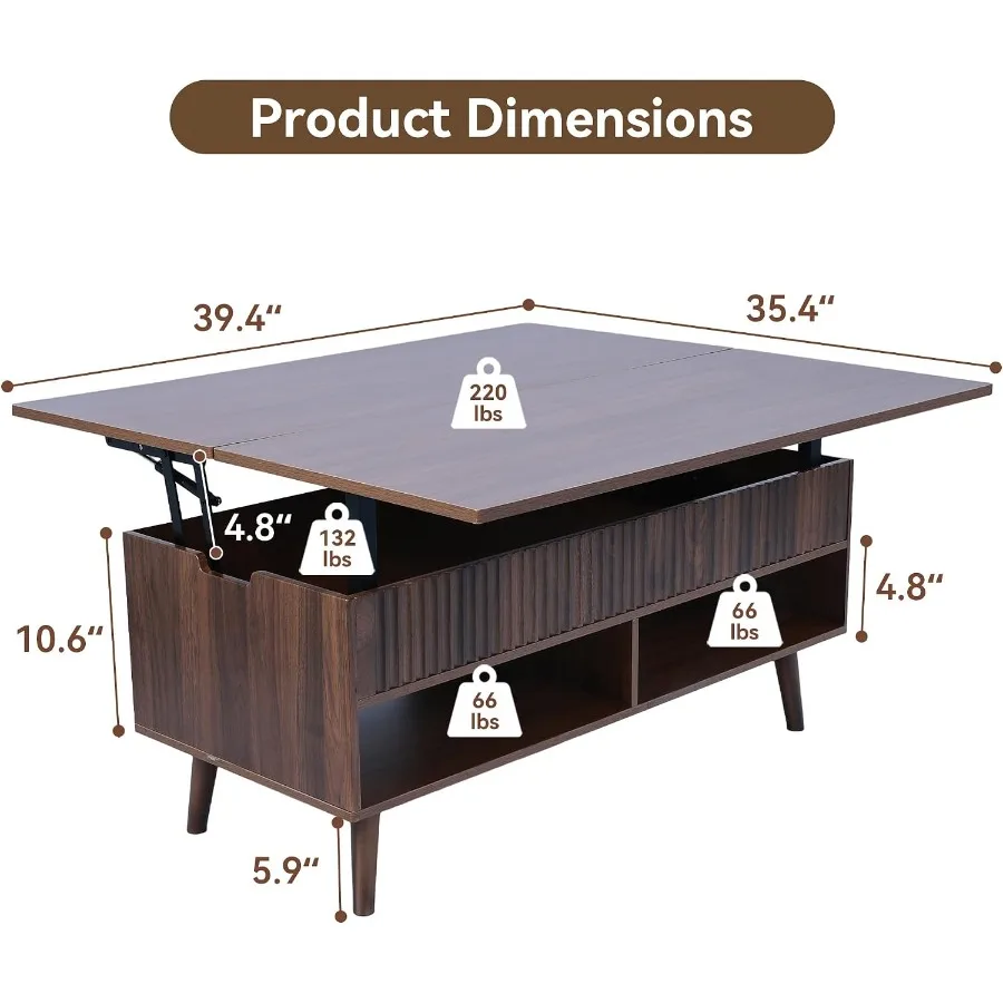 Lift Expand Top Coffee Table with Storage, Dining Table for Living Room, Wood, Walnut, Space-Saving Dual-Height Design