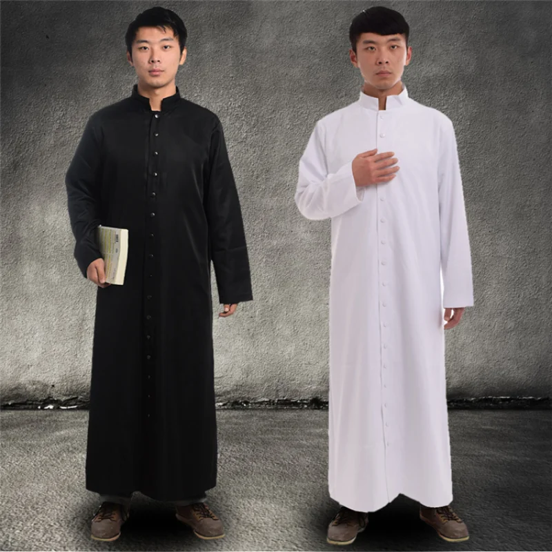 Christian Holy Clothes White Coat Pastor Robe Cassock Clergy Vestment Costume Stand Collar Choir Dress with Buttons