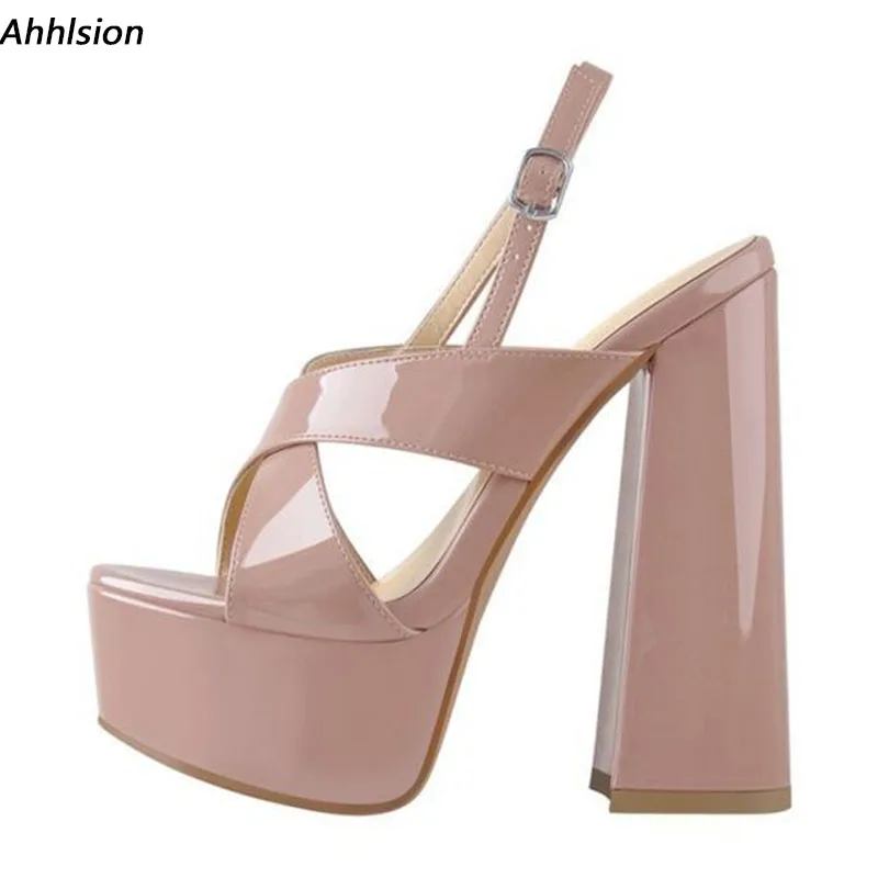 

Ahhlsion New Women Platform Shiny Sandals Chunky High Heels Round Toe Beautiful Nude Red Dress Shoes Ladies Plus US Size 5-20