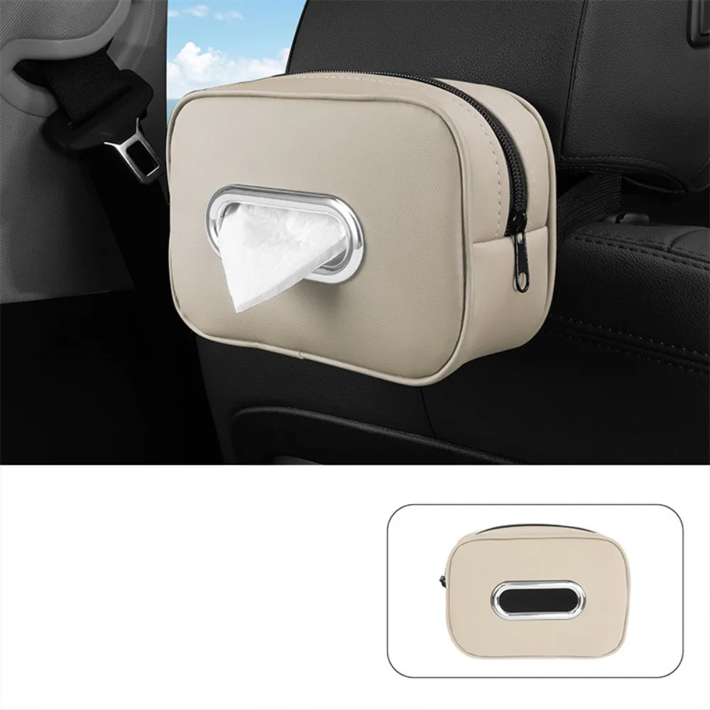 Multifunctional Car Tissue Box PU Leather with Fix Strap Car Napkin Holder Zipper Towel Dispenser Backseat Tissue Case Sun Visor